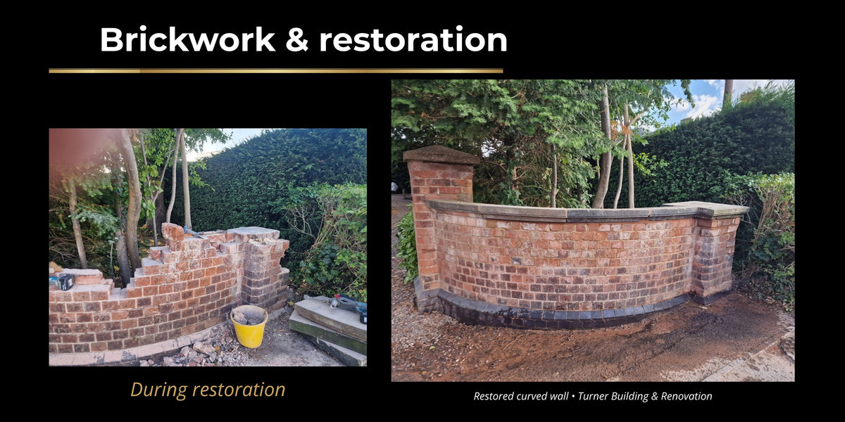 Curved brick wall during restoration and after completion — Turner Building & Renovation